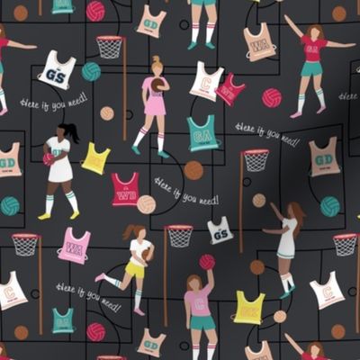 Netball ladies - Uk sports design with net and balls gym court pink teal on charcoal