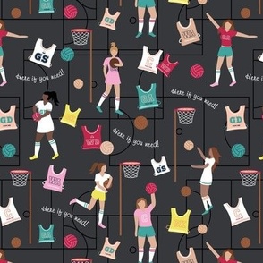 Netball ladies - Uk sports design with net and balls gym court pink teal on charcoal