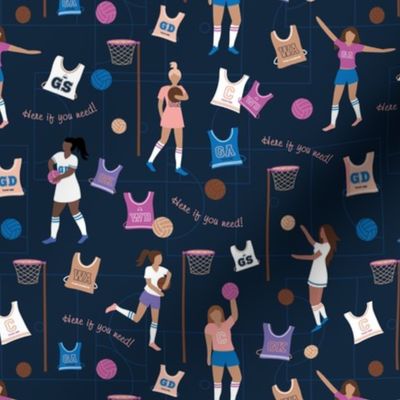 Netball ladies - Uk sports design with net and balls gym court pink purple peach on navy blue