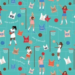 Netball ladies - Uk sports design with net and balls gym court orange red blue on teal 