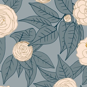 Camellias - Dusty Blue and Cream -  Jumbo