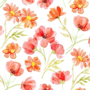 Scattered Watercolor Poppies and Chrysanthemums in Peach Coral on White - large