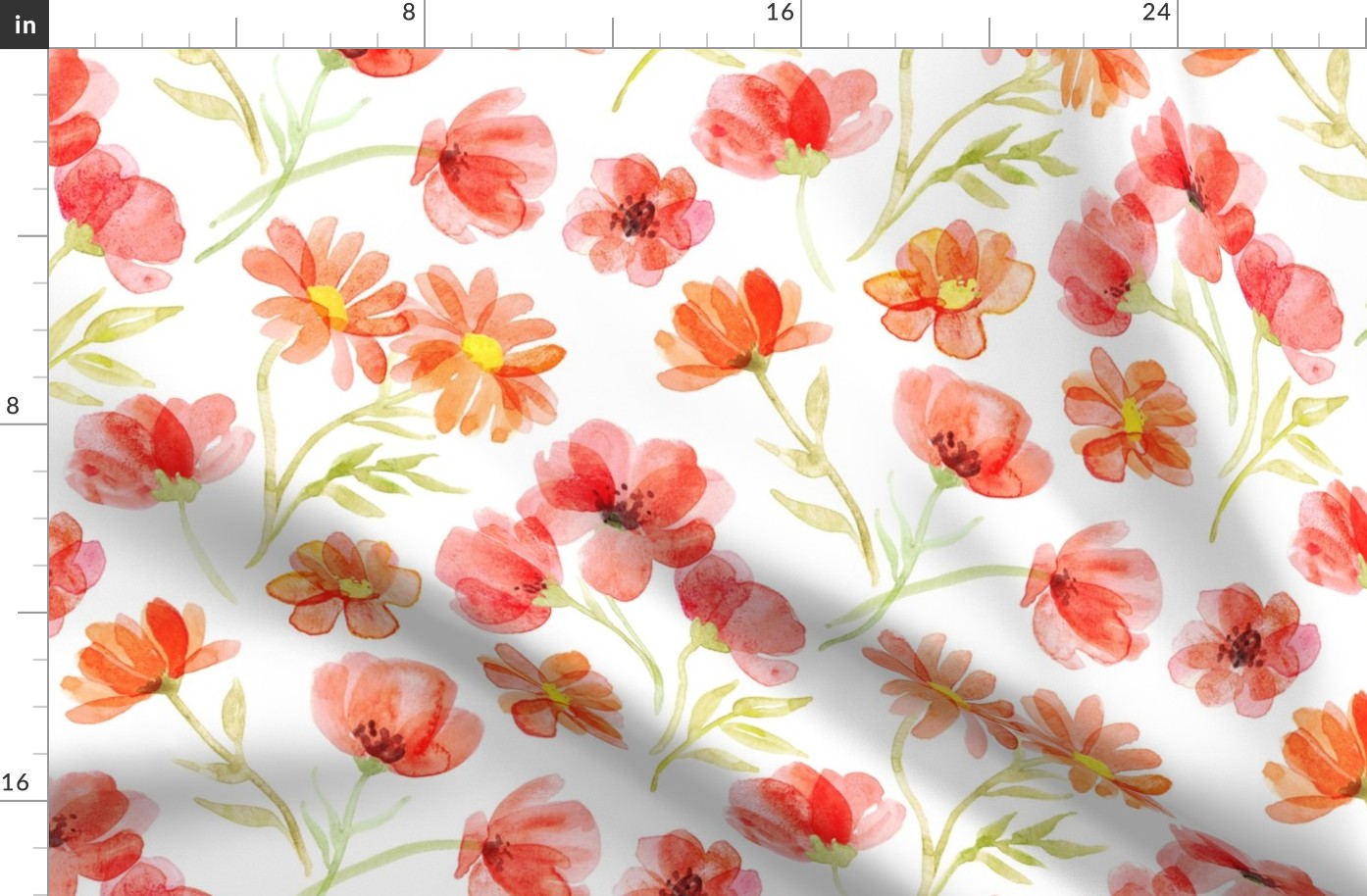 Scattered Watercolor Poppies and Chrysanthemums in Peach Coral on White - large