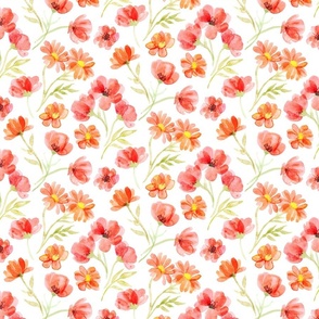 Scattered Watercolor Poppies and Chrysanthemums in Peach Coral on White - medium