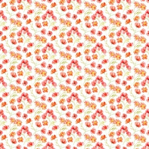 Scattered Watercolor Poppies and Chrysanthemums in Peach Coral on White - small 