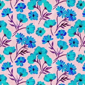 Quirky Textured Floral in Turquoise, Purple, Blue and Pink 