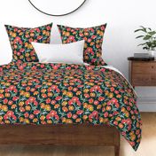 Quirky Textured Floral in Orange, Yellow, Pink and Red on Dark Green