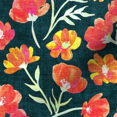 Quirky Textured Floral in Orange, Yellow, Pink and Red on Dark Green