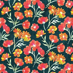 Quirky Textured Floral in Orange, Yellow, Pink and Red on Dark Green