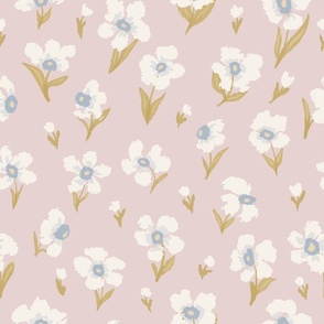 Sophies Meadow Large Scale, Cream Flowers on Soft Pink  with Gold Leaves