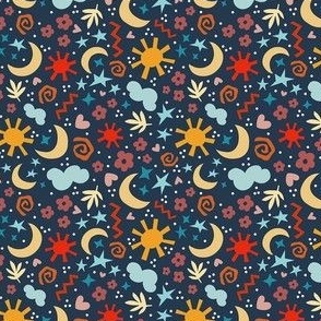 Small Scale Moon Stars and Sunshine Colorful Galaxy on Navy