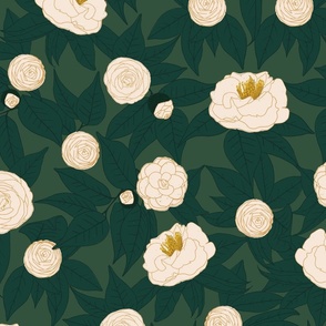 Camellias - Forest Green and Cream