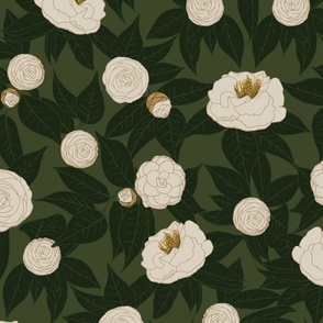 Camellias - Deep Olive Green and Cream