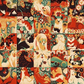 colorful dogs - large scale - geometrical shapes, warm colors, red, yellow, green and black 