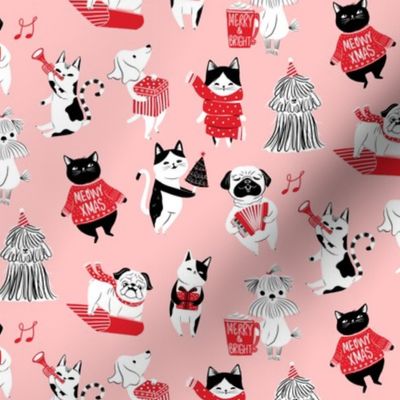 Vintage Christmas Dog and Cats - pink