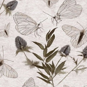 White Butterflies Thistle And Greenery Muted On Subtle Lavender Ground Large Scale
