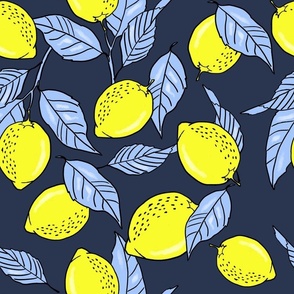 Lemon branches and leaves on dark blue background 