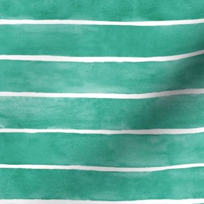 Emerald Green Broad Horizontal Stripes - Medium Scale - Watercolor Textured Bright Jade Green