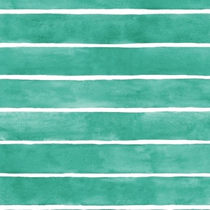 Emerald Green Broad Horizontal Stripes - Large Scale - Watercolor Textured Bright Jade Green