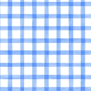 Coastal Blue Watercolor Gingham Plaid  - Large Scale - Painted Checkers Picnic Country