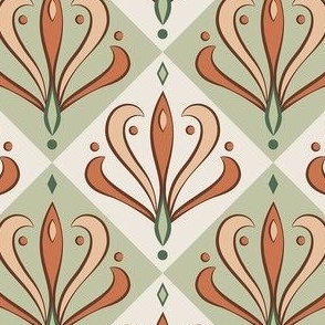 Peach and Green Art Nouveau Blossoms and Diamonds