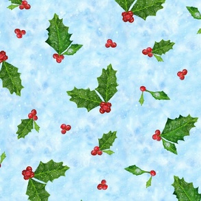 Jolly Holly Watercolour on Tie-Dye Sky Blue | Large Scale