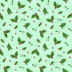 Jolly Holly Watercolour on Tie-Dye Green | Small Scale