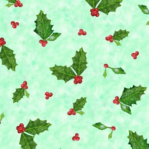 Jolly Holly Watercolour on Tie-Dye Green | Large Scale