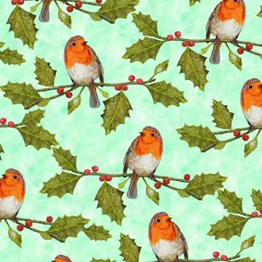 Christmas Robin and Holly Branch on Tie-Dye Green | Large Scale