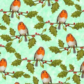 Christmas Robin and Holly Branch on Tie-Dye Green | Medium Scale