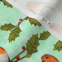 Christmas Robin and Holly Branch on Tie-Dye Green | Small Scale