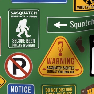 Bigfoot Crossing Warning Signs on Green