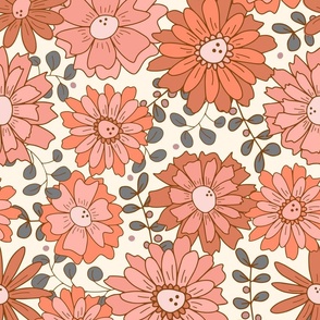Larger scale Christmas 70s retro daisy floral and berries in deep coral pink on cream white.