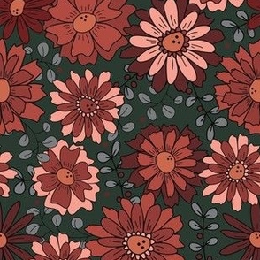 Christmas 70s retro daisy floral and berries in red, deep red, pink and deep forest green.