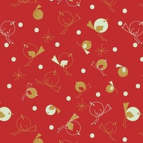 Happy Christmas Holiday - Cute Birds - Gold on Red.