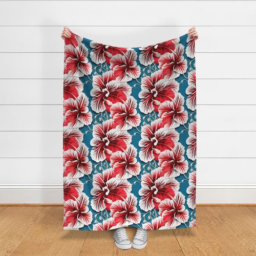 Hibiscus Flowers in Red and White Peppermint Stripe on Baby Blue Background