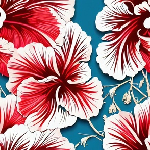 Hibiscus Flowers in Red and White Peppermint Stripe on Baby Blue Background