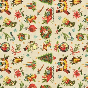 Vintage Retro Christmas on Aged Linen Rotated - medium scale