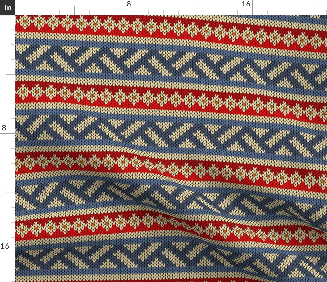 Two Fair Isle Bands in Blues and Reds