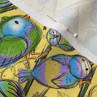 Sketched colourful birds on yellow 