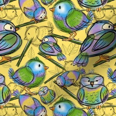 Sketched colourful birds on yellow 