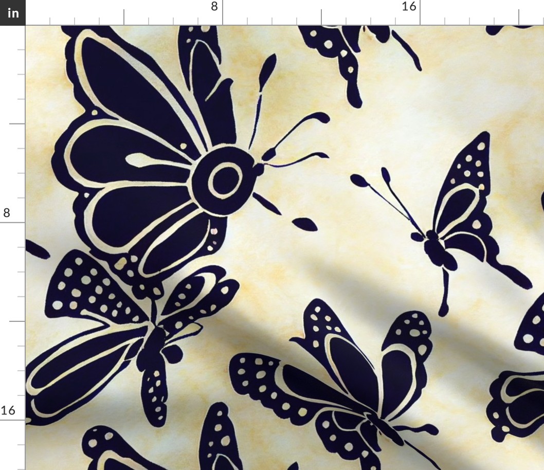 Butterflies - Abstract Black on White and Gold in Batik Watercolor