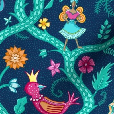 Royal birds visit the fairy garden | cobalt blue | medium