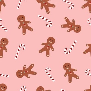Christmas gingerbread men tossed on pink 8x8 - 8