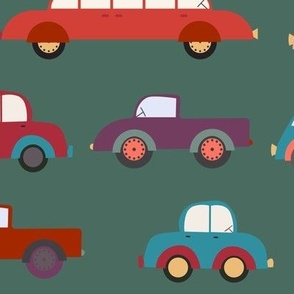 564 $ -Jumbo scale Peak hour traffic in the big city, cars, police-cars, vans, pickup trucks, vintage cars rushing about to get home - in muted blue, red, mustards, orange and yellow on sage green background, for bedroom-wallpaper, kids duvet cover,