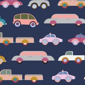 564 -  Jumbo scale Peak hour traffic in the big city, cars, police-cars, vans, pickup trucks, vintage cars rushing about to get home - in muted blue, red, mustards, orange and yellow on deep denim blue background, for bedroom-wallpaper, kids duvet co