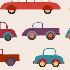 564 - Jumbo scale Peak hour traffic in the big city, cars, police-cars, vans, pickup trucks, vintage cars rushing about to get home - in muted blue, red, mustards, orange and yellow on creamy off white background, for bedroom-wallpaper, kids duvet c