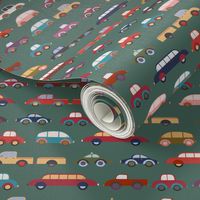 564 - Medium scale Peak hour traffic in the big city, cars, police-cars, vans, pickup trucks, vintage cars rushing about to get home - in muted blue, red, mustards, orange and yellow on sage green background, for bedroom-wallpaper, kids duvet cover,