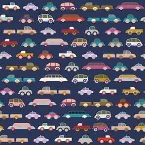 564 $  - Medium scale Peak hour traffic in the big city, cars, police-cars, vans, pickup trucks, vintage cars rushing about to get home - in muted blue, red, mustards, orange and yellow on navy-blue background, for bedroom-wallpaper, kids duvet cover