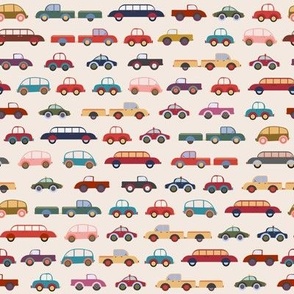 564 - Medium scale Peak hour traffic jam in the big city, cars, police-cars, vans, pickup trucks, vintage cars rushing about to get home - in muted blue, red, mustards, orange and yellow on off-white background, for bedroom-wallpaper, kids duvet cov